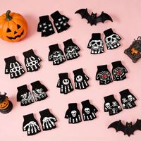 Mitaines en tricot jacquard à motif squelette d'Halloween, mi-doigts, chaudes, pour fête, vente en gros à prix abordable