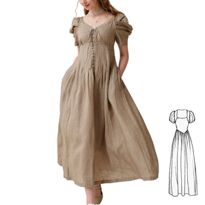 Vestido Maxi de Lino y Algodón con Chifón, Cuello en V, Manga Corta, Corte Ajustado y Acampanado, Estilo Bohemio Casual de Verano, con Bolsillos, Transpirable, Vintage, Lindo, Dulce, con Cremalleras - Product Image 1