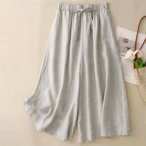 Cotton Linen Wide Leg Pants Loose Fit <b>Elastic</b> Waist Culottes Women's Casual Breathable Summer Style Green - Product Image 2