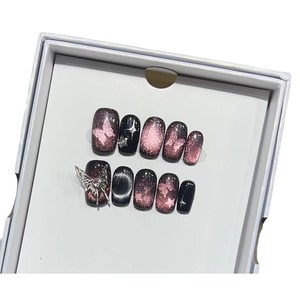 <span class=keywords><strong>Uñas</strong></span> Postizas Cortas con Diseño de Ojo de Gato Estrellado y Lazo Grande Metálico, Hechas a Mano, Desmontables, Venta al Por Mayor - Product Image 5