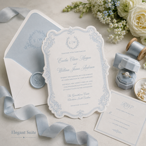 Set <span class=keywords><strong>di</strong></span> Inviti Matrimoniali Vintage Blu Personalizzati con Monogramma Elegante, Busta Foderata e <span class=keywords><strong>Carte</strong></span> RSVP e Dettagli Abbinate - Product Image 2