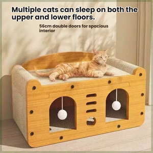 <strong>Cat</strong> Scratcher House Bed 2-in-1 Corrugated Paper Wooden MDF Bamboo Grain Durable No Shedding with Teaser Ball Pet Furniture <strong>Sofa</strong> - Product Image 5