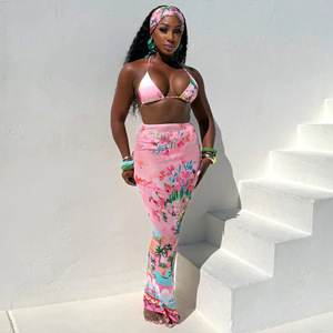 Y1422 <span class=keywords><strong>Bikini</strong></span> estampado Traje de baño de mujer de moda Conjunto de tres piezas <span class=keywords><strong>sin</strong></span> pañuelo en la cabeza - Product Image 2