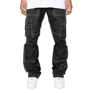 High Quality Custom Logo Trousers High Waist White Thread Multi Pockets Cargo Stacked Pants