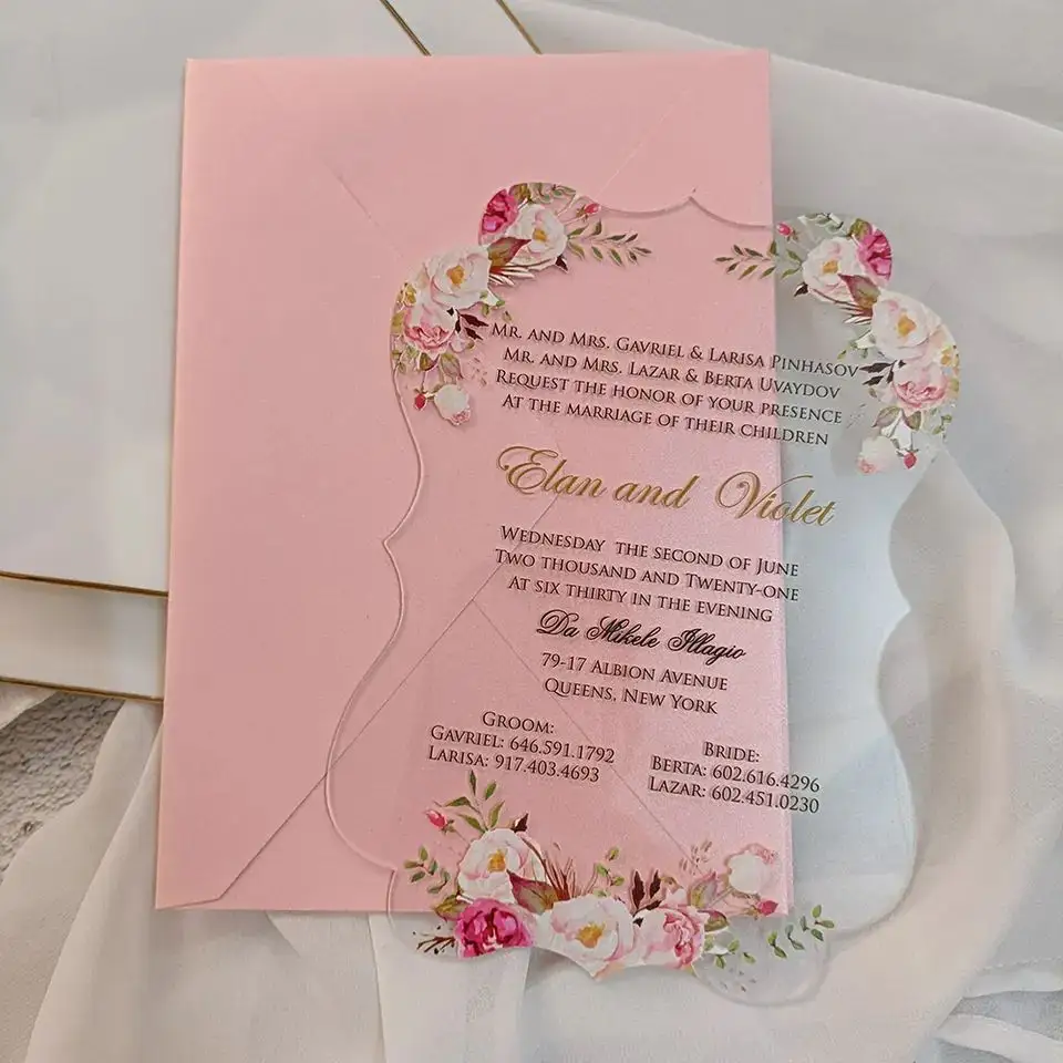 Sıcak moda şeffaf düğün malzemeleri inci zarf ile akrilik evlilik davetiyesi davetiye