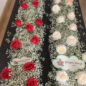 L-503 OEM Artificial Red Rose Flower Arrangement White Babybreath Red Rose Flower Table Runner For Wedding Decoration
