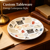 Service de table personnalisable en porcelaine fine, style moderne vintage avec lettrage en relief, vaisselle en céramique personnalisable