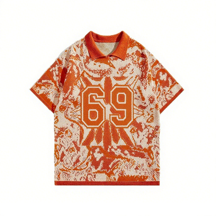 OEM Custom Men's Casual Summer Short Sleeve Sweater Breathable Knitwear with Football Design Pattern Pullover with Custom Logo