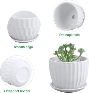 Pots de fleurs cylindriques en céramique écologiques MDJ de 4 pouces avec soucoupe intégrée, lot de 6 blancs pour plantes succulentes et plantes serpentines - Product Image 2