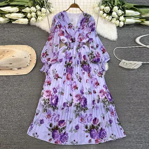 Lässige elegante französische Abschlussballkleid langes Maxikleid Damen Schwere Industrie neue Mode Rüschen plissiert V-Ausschnitt chiffon-Kleider Strandkleider