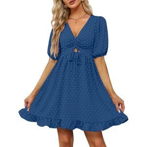 FOXA Women's Short Puff Sleeve Ruffle Dress V-<b>Neck</b> <b>Tie</b> Back A Line Blue S Casual Daily Wear - Product Image 3