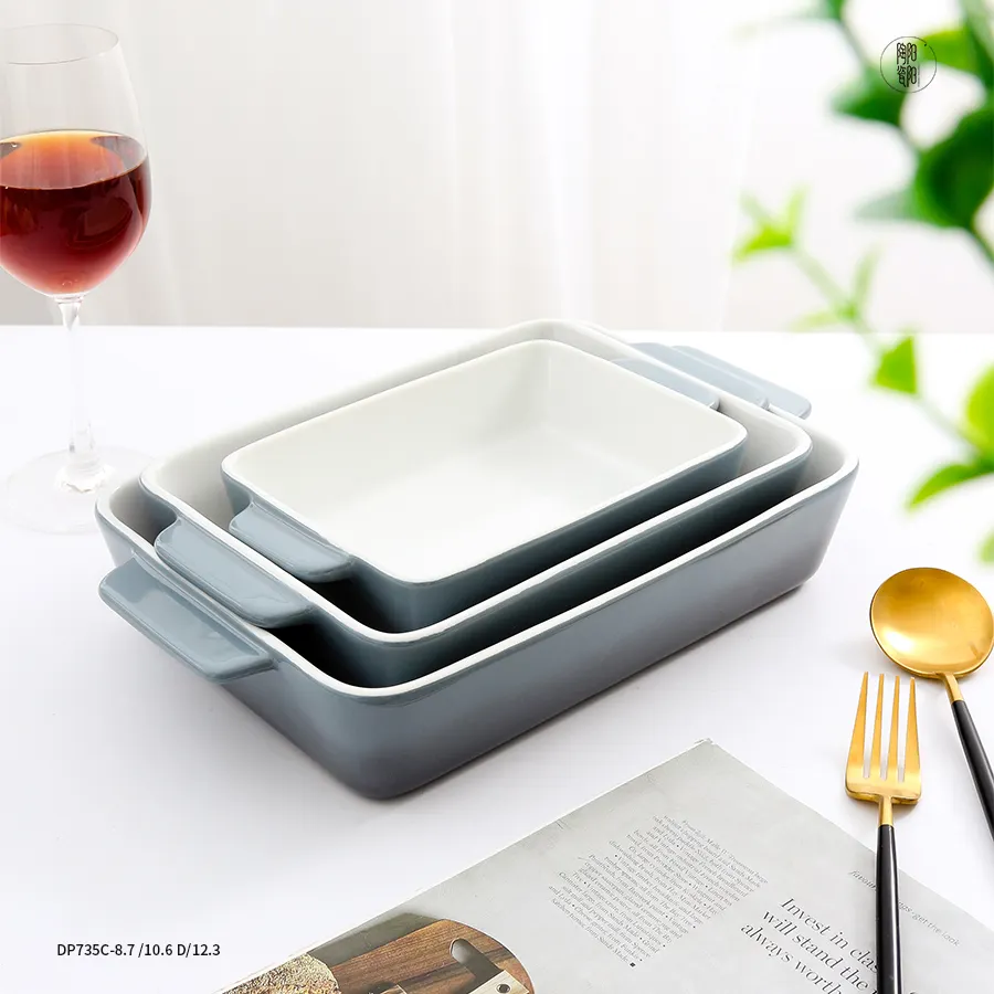 Set of 3 Gray Gradient Rectangular Casserole Dish Custom Lasagna Pan Bakeware Set Ceramic Baking Dish