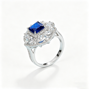 925 Sterling <b>Silver</b> Lab-Created Sapphire <b>Ring</b>, <b>Emerald</b> Cut with Floral Halo Statement <b>Ring</b> - Product Image 1