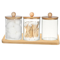 Organizer Kosmetik Modern Ramah Lingkungan dari Plastik Transparan dengan Tutup Bambu, Dispenser Q-Tip, Dispenser Swab Balls, Dispenser Benang Gigi, untuk Kamar Mandi dan Makeup