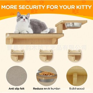 Estante de pared de madera para gatos con estación de alimentación y almohadilla antideslizante para gatos de interior - Product Image 3