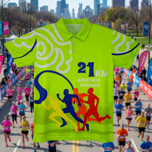 Polo deportivo personalizado 21k sublimado, de malla de secado rápido, color fluorescente, para maratón, correr y trabajo, con tecnología Dry Fit. - Product Image 1