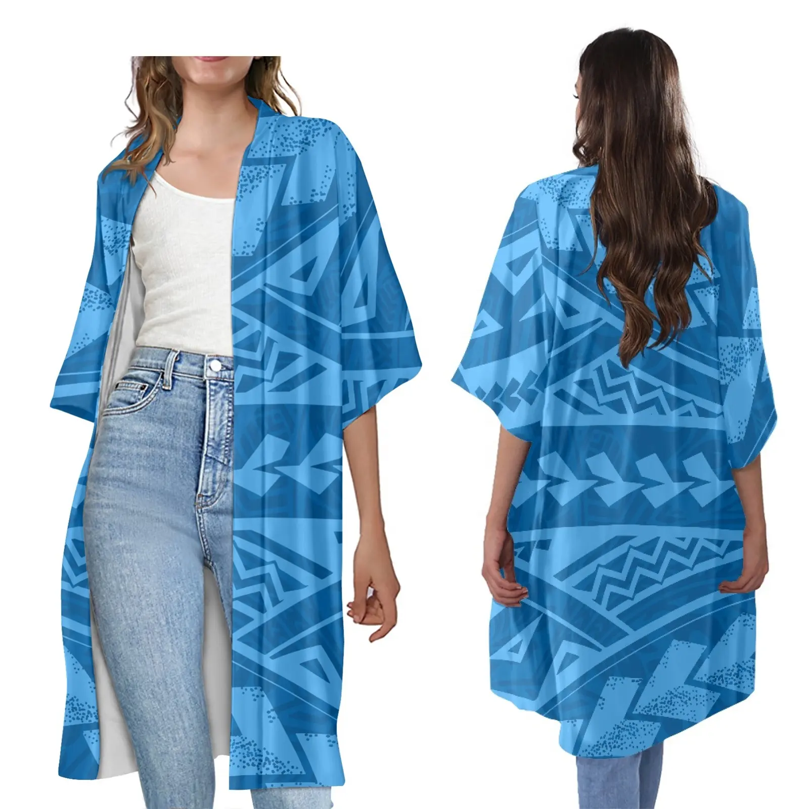 Design de tatouage polynésien, cardigan d'été à manches courtes, trench-coat bleu ondulé décontracté, kimono grande taille