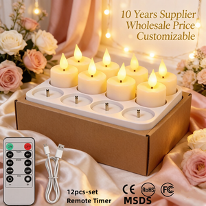 Lot de 12 bougies <span class=keywords><strong>LED</strong></span> chauffe-plat à flamme vacillante 3D rechargeables avec télécommande et minuterie, avec base de chargement, pour restaurants - Product Image 1
