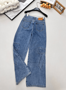 High Waisted Wide Leg Cargo Denim Jeans, Vintage Wash Utility Pocket <b>Pants</b> for Casual Street Wear - Product Image 2