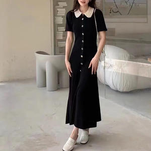 Robe d'été élégante pour femmes européennes et américaines haut de gamme Taille basse Style de fête droit avec revers Fente creuse Couleur unie - Product Image 1