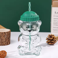 Vaso de vidrio de borosilicato alto con forma de oso, tapa con pajita y gorro, botella portátil para bebidas heladas, jugos y agua para niños, ideal para la vuelta al cole.