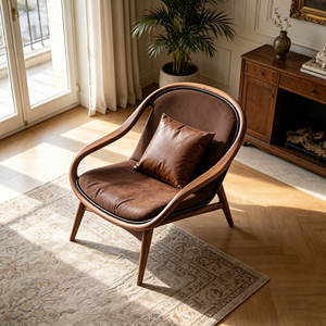 <span class=keywords><strong>Fauteuil</strong></span> lounge en bois massif artisanal, rembourré de tissu <span class=keywords><strong>marron</strong></span> vintage, pour salon et chambre à coucher - Product Image 4