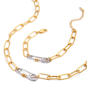 Two Tone Gold Stainless Steel Paperclip Chain Necklace <b>Bracelet</b> <b>Set</b> Unisex Fashion Jewelry - Product Image 5