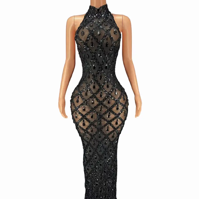 Custom Evening Dresses 2022 Sparkling Black Diamond Sequins prom Mesh Birthday Dress Backless Dresses Women Lady Elegant