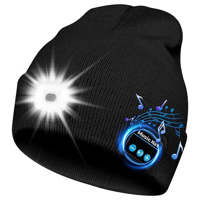 Unisex Blue Tooth Beanie Light Rechargeable Wireless LED Music Cap Built Stereo Headphones Warm Hat Black