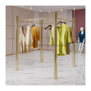 New design shop 4 ways clothes display stand gold metal square clothes rack for clothing store custom storefront layout