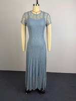 HK75767 Robes d'automne pour femmes, vente chaude, décontractées et élégantes, col rond, manches courtes, ajustées, froncées, en dentelle, avec robe intérieure