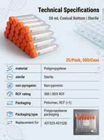 Tubes à centrifuger Corning 430291 PP 50 mL à fond conique avec bouchon d'étanchéité, emballage en vrac, stériles, 25 par paquet, 500 par carton