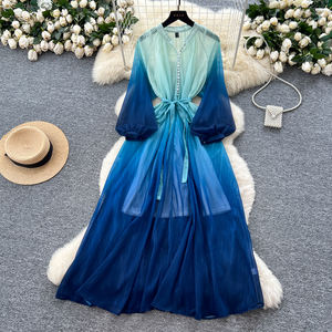 Tunique <span class=keywords><strong>romaine</strong></span> d'été Bandage Casual Midi Dress For Women Lantern Sleeve Empire Gradient Mesh Dress - Product Image 3