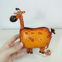 Porte-monnaie en cuir véritable vintage fait à la main en forme de girafe avec fermeture éclair imperméable, porte-monnaie en forme d'animal avec fermeture à cordon pour un usage quotidien, pour femmes