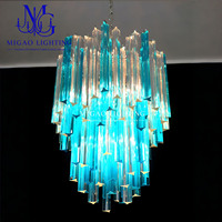Lustre en verre prismatique bleu transparent côtelé de style médiéval français, luminaire suspendu Art Déco pour villa, salon, salle à manger, hall d'entrée