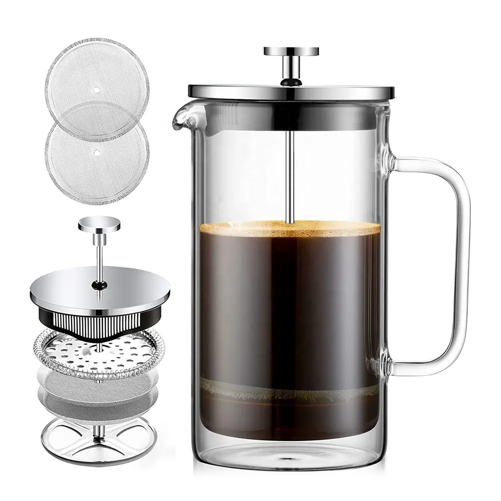新しいデザインのフレンチプレスコーヒーメーカーガラスコーヒープレス、4レベルフィルター付きお手入れが簡単