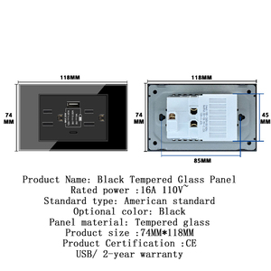 Panel de Vidrio Templado Negro, Enchufe de Pared Estadounidense con Carga Rápida Tipo-C |   Interruptor y Enchufe Estadounidenses - Product Image 2