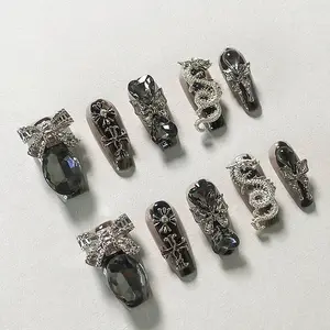 wholesale Handmade 10pcs Customize Black Diamond Bow Dragon French Artificial wearing nails Press on nails