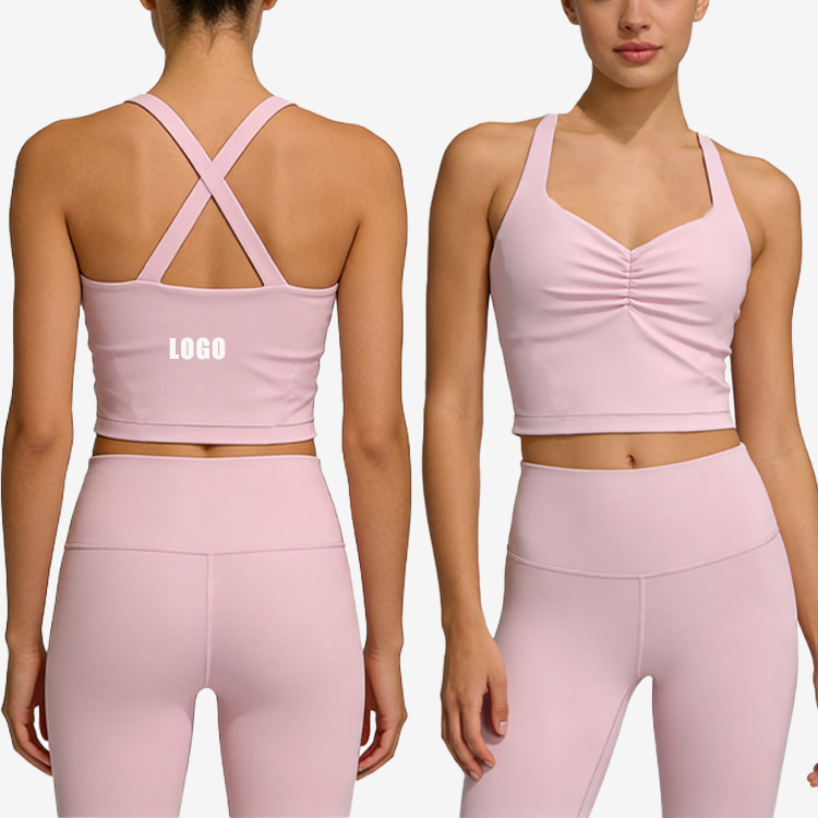 Wrinkle V-neck Sports Outfit Women Yoga tank Top Backless Cross High Elasticity Pilates Recycled Fabric Female Gym Vest Padded