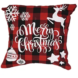 Christmas farmhouse red black plaid deer snowflake merry christmas script cushion cover