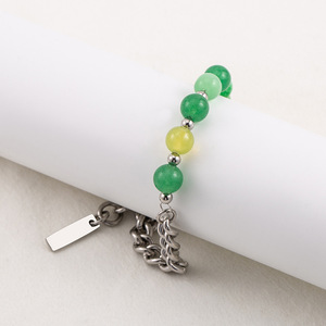 yunnique Men's Titanium Steel Cuban Chain Green Imitation Jade <b>Beaded</b> <b>Bracelet</b> Ball Shape Geometric Design XYB0092 - Product Image 3