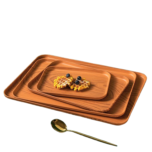 Square Imitation Wood Grain Tray Set for Tea Dinner & Party Water Cups & Fruit Plate Serving Trays Wheat Straw Plastic Pack PC
