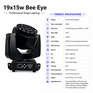 19x15W Bee Eye Pixel LED Moving Head <b>Light</b> with Rotation and Adjustable Zoom for Weddings and Parties - Product Image 4