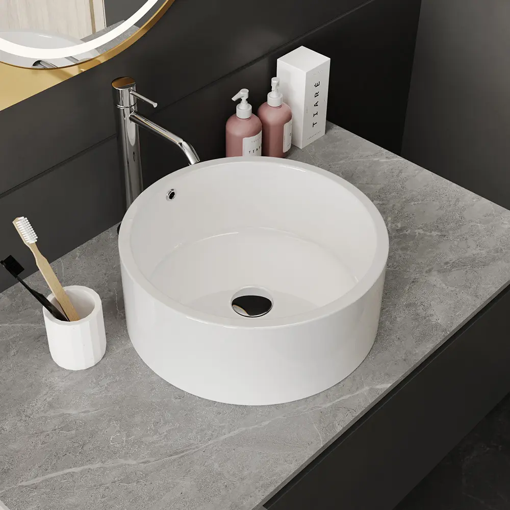 Fregadero de cerámica blanca Oem, artículos sanitarios baratos, decoración redonda para el hogar, encimera, lavabo de arte, lavabo de baño, lavabo de mano para la cara