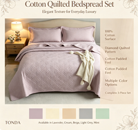 Couvre-lit matelassé 100% coton violet clair à motif géométrique losanges, ensemble 3 pièces, doux, prélavé, avec taies d'oreiller