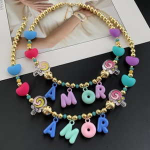 Nouveau <span class=keywords><strong>Collier</strong></span> BD-C6404 Tendance avec Perles Dorées, Breloque Lettre Bulle Colorée pour Fête, <span class=keywords><strong>Collier</strong></span> AMOR Cœur Mignon <span class=keywords><strong>Sucette</strong></span> - Product Image 3