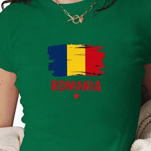 ROMANIA Camiseta corta de punto con estampado ajustado Y2K para mujer - Product Image 1