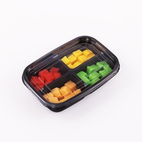 Emballage alimentaire jetable écologique en plastique PET RPET rectangulaire à 4 compartiments de 35 oz, base noire, couvercle transparent, boîte à salade