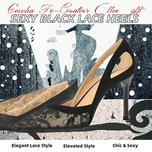 New <b>Black</b> Suede Upper High-heeled Women's Shoes Thin <b>Heels</b> Closed Toe <b>Sexy</b> Lace Openwork Design Cushioning Spring Summer - Product Image 2