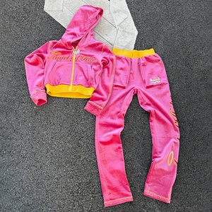 Custom <b>Zip</b> <b>up</b> <b>Crop</b> Women Velvet Hoodie and Sweat Suit Jogger Set Two Piece Embroidery Rhinestone Velvet Tracksuits for Women - Product Image 1